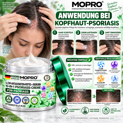 🔥 Nur noch 10 Stück verfügbar! Erhalten Sie 30 % Rabatt auf Ihren zweiten Einkauf! MOPRO® hilft, sichtbare Schuppenbildung, Rötungen, Trockenheit und Juckreiz zu reduzieren und unterstützt gleichzeitig psoriasisgeplagte Haut. 💚