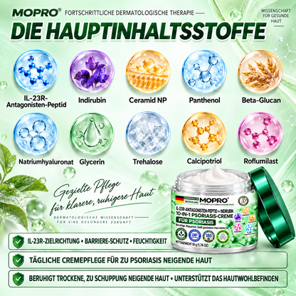 🔥 Nur noch 10 Stück verfügbar! Erhalten Sie 30 % Rabatt auf Ihren zweiten Einkauf! MOPRO® hilft, sichtbare Schuppenbildung, Rötungen, Trockenheit und Juckreiz zu reduzieren und unterstützt gleichzeitig psoriasisgeplagte Haut. 💚