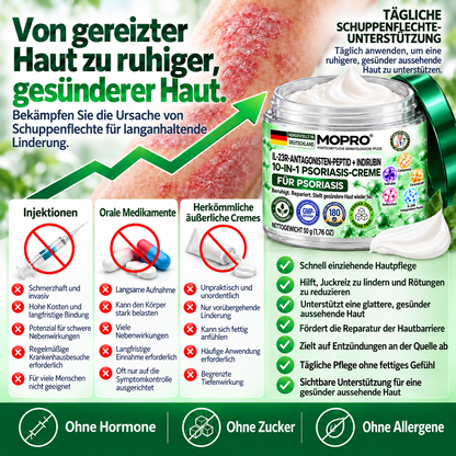 🔥 Nur noch 10 Stück verfügbar! Erhalten Sie 30 % Rabatt auf Ihren zweiten Einkauf! MOPRO® hilft, sichtbare Schuppenbildung, Rötungen, Trockenheit und Juckreiz zu reduzieren und unterstützt gleichzeitig psoriasisgeplagte Haut. 💚