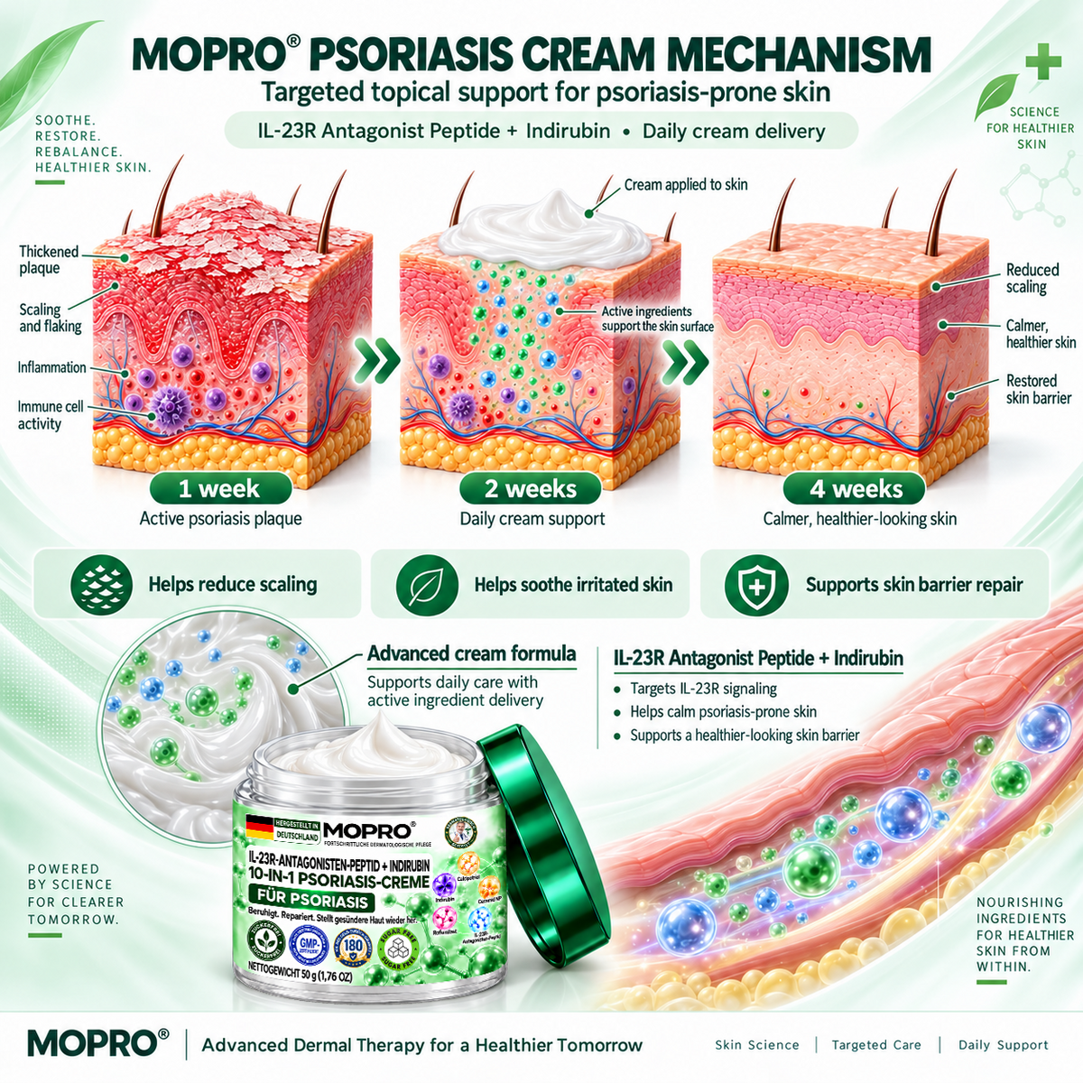 🔥 Nur noch 10 Stück verfügbar! Erhalten Sie 30 % Rabatt auf Ihren zweiten Einkauf! MOPRO® hilft, sichtbare Schuppenbildung, Rötungen, Trockenheit und Juckreiz zu reduzieren und unterstützt gleichzeitig psoriasisgeplagte Haut. 💚