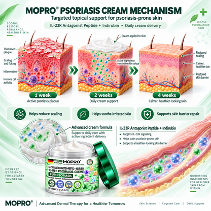 🔥 Nur noch 10 Stück verfügbar! Erhalten Sie 30 % Rabatt auf Ihren zweiten Einkauf! MOPRO® hilft, sichtbare Schuppenbildung, Rötungen, Trockenheit und Juckreiz zu reduzieren und unterstützt gleichzeitig psoriasisgeplagte Haut. 💚